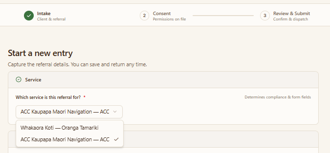 The service dropdown open, showing available service contracts