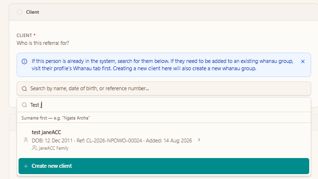 Searching for a person by name, with matching results listed underneath