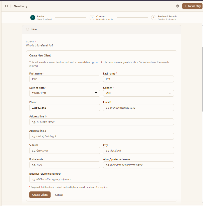 The form for adding a person who is not yet in the system