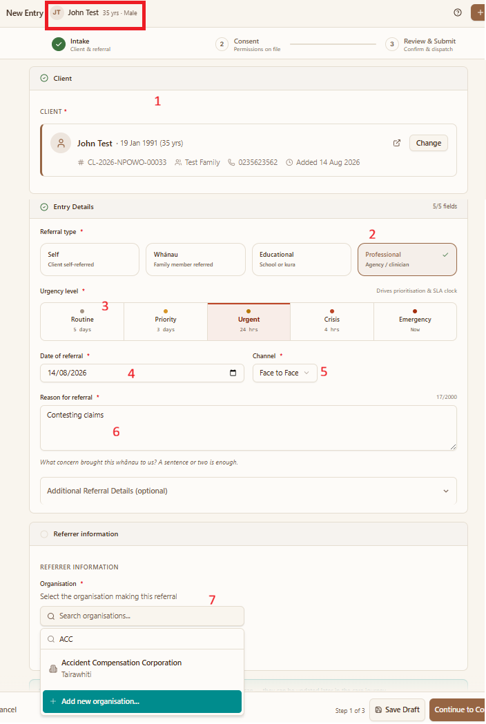 The entry details section with seven numbered fields, from the client card down to the referrer's organisation
