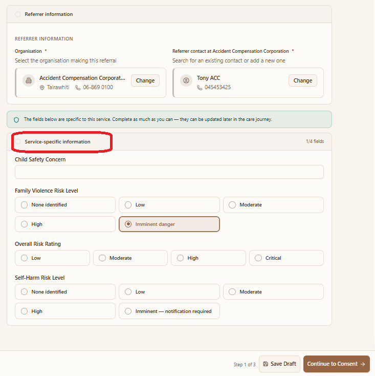 Referrer details above a set of service-specific risk questions
