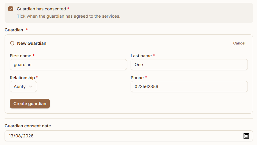 A form for adding a guardian, with name, relationship and phone number