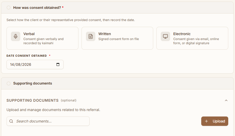 Options for how consent was obtained, with a supporting documents section