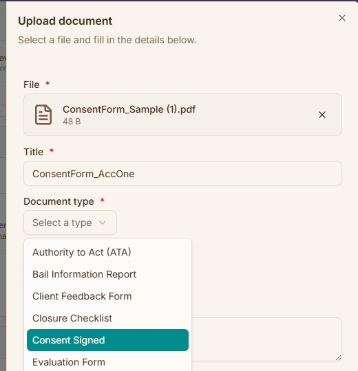 The upload dialog with the document type list open