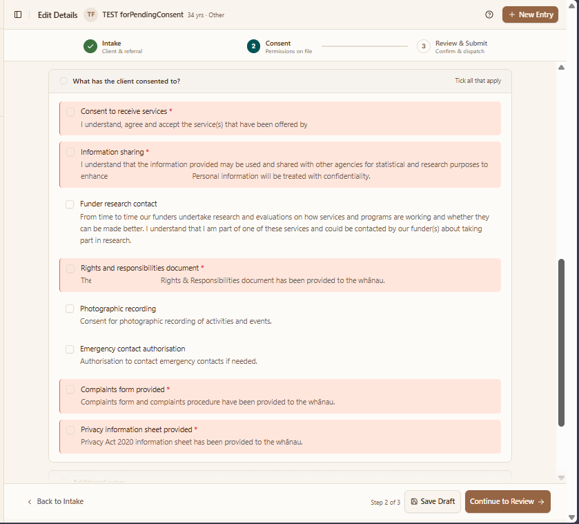 A checklist of the things the person can consent to