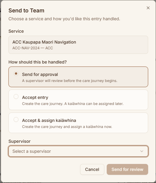 The send-to-team dialog with the approval option selected and a supervisor chosen