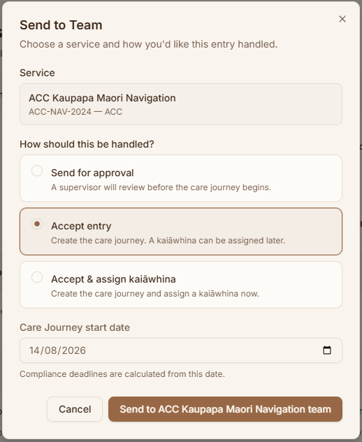 The accept option selected, showing the care journey start date