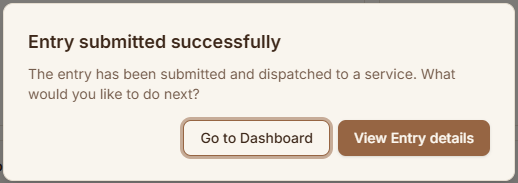 A confirmation message saying the entry was submitted successfully