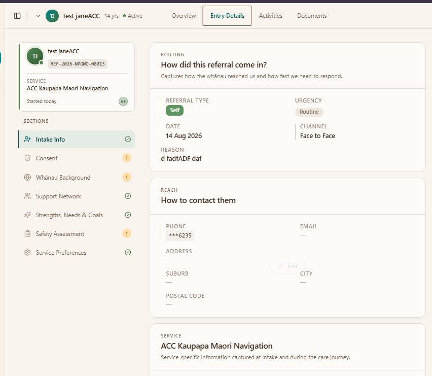 The intake information tab of a person's record