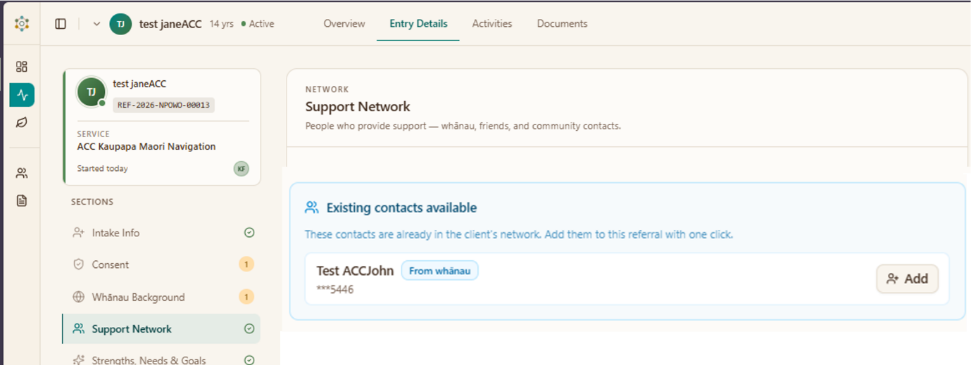 The support network tab listing existing contacts
