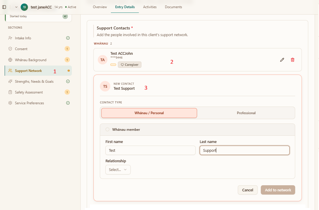 The support network section with three numbered areas: the section list, an existing contact, and the new contact form