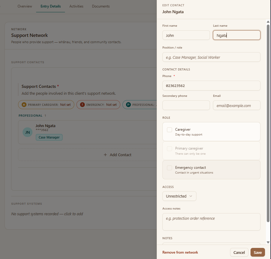 Editing an existing support network contact, with role checkboxes
