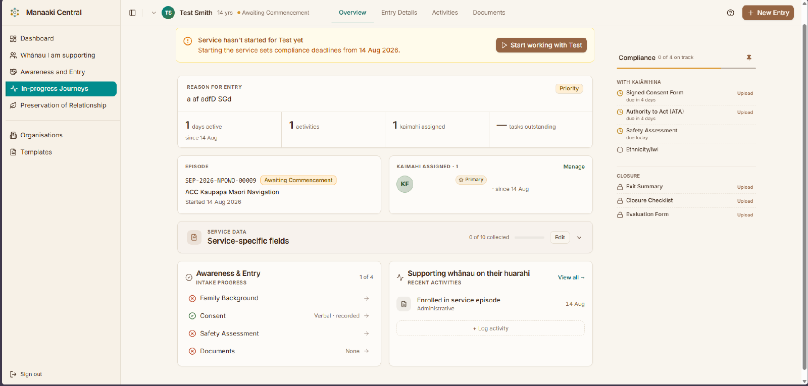 A person's overview page, with their details, assigned staff, compliance panel and recent activity