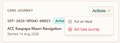 The actions menu open, showing put on hold and exit options