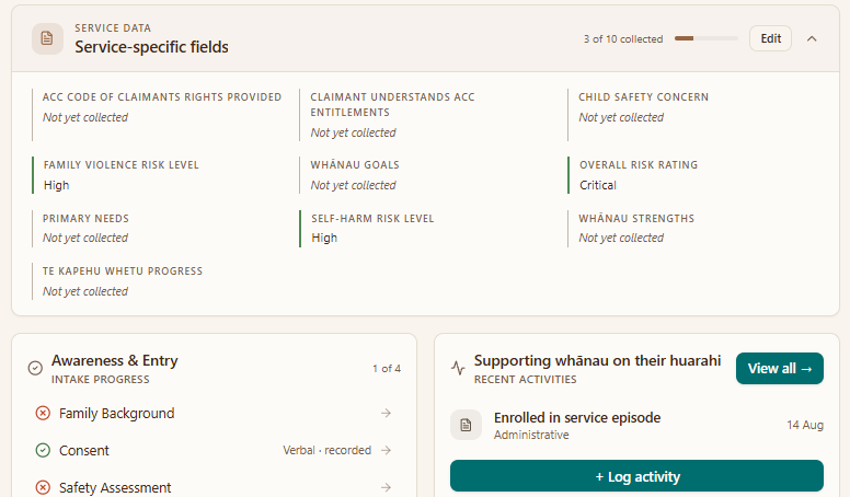 Service-specific fields showing risk levels, next to a feed of recent activity
