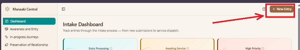 The left-hand menu with the New Entry button highlighted