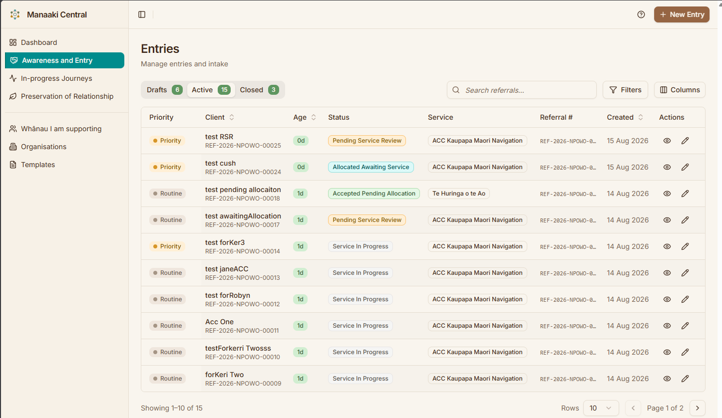 The entries list, with draft, active and closed tabs above a table of referrals