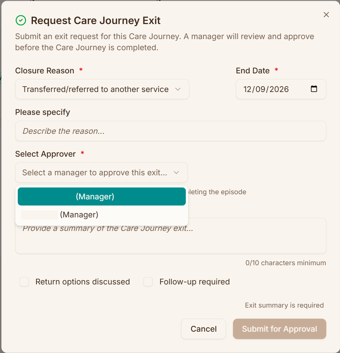 The Select Approver dropdown open, listing managers available to approve the exit