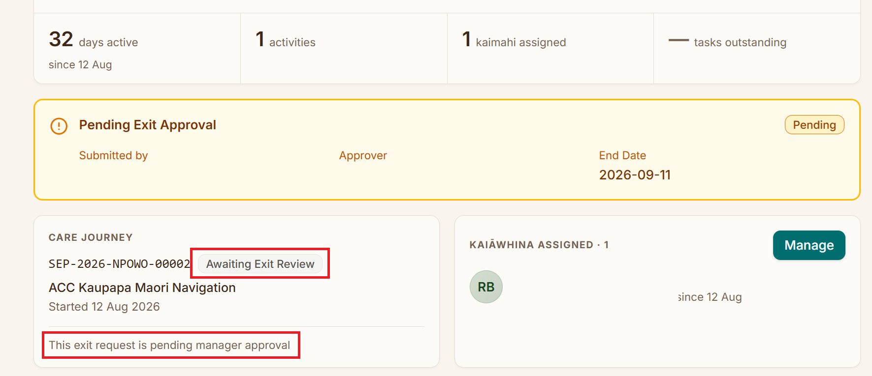 A care journey showing an amber Pending Exit Approval banner with Submitted by, Approver and End Date, a status badge reading Awaiting Exit Review, and the note 'This exit request is pending manager approval'