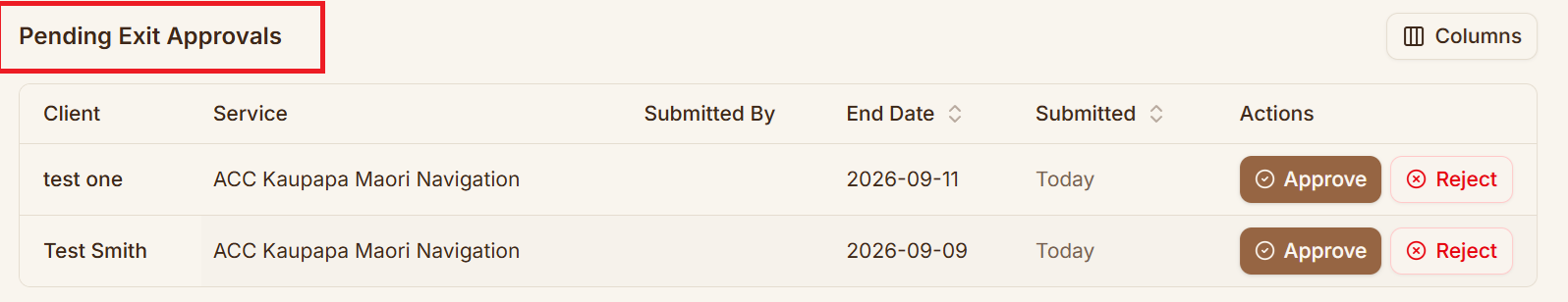 The Pending Exit Approvals table listing client, service, who submitted the request, the end date, when it was submitted, and Approve and Reject buttons on each row